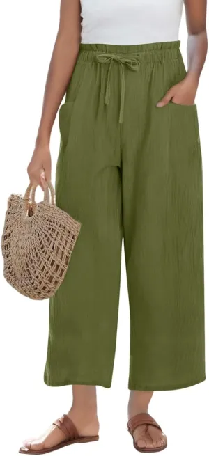 Women's Wide Leg Linen Pants High Waisted Plus Size Casual Comfy Palazzo Pant Summer Loose Fit Lounge with Pockets