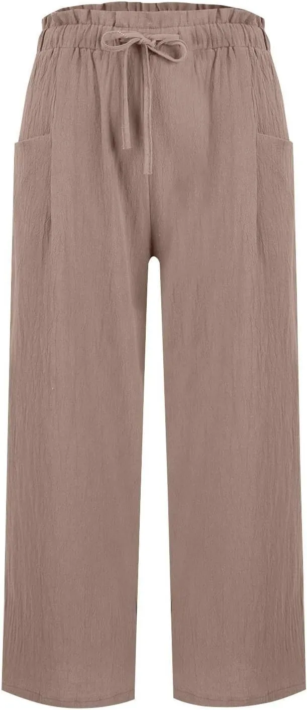 Women's Wide Leg Linen Pants High Waisted Plus Size Casual Comfy Palazzo Pant Summer Loose Fit Lounge with Pockets