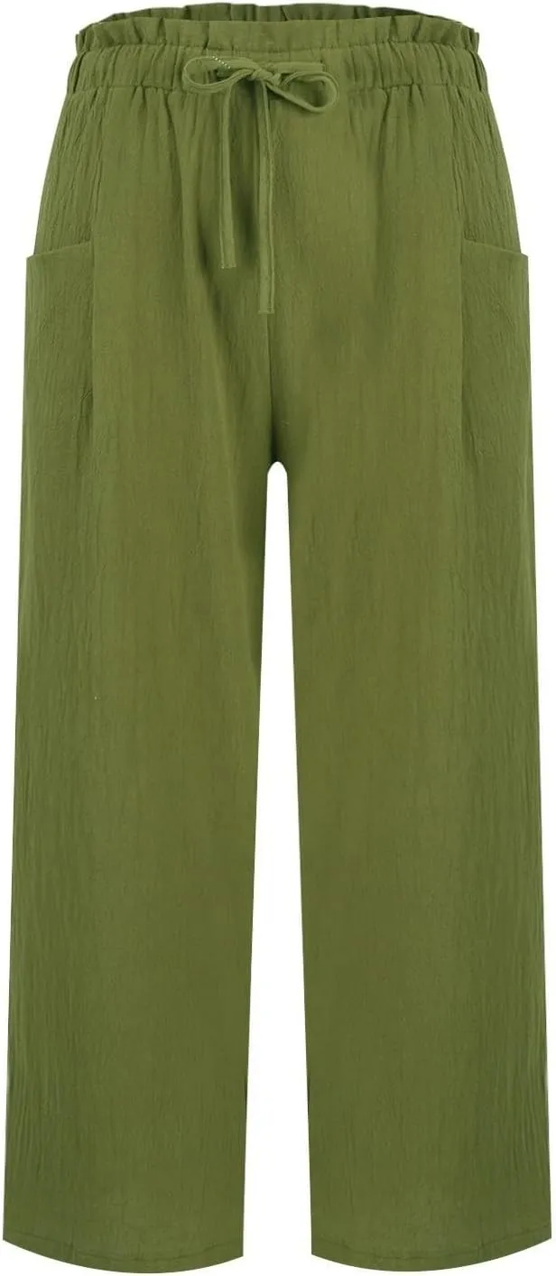 Women's Wide Leg Linen Pants High Waisted Plus Size Casual Comfy Palazzo Pant Summer Loose Fit Lounge with Pockets