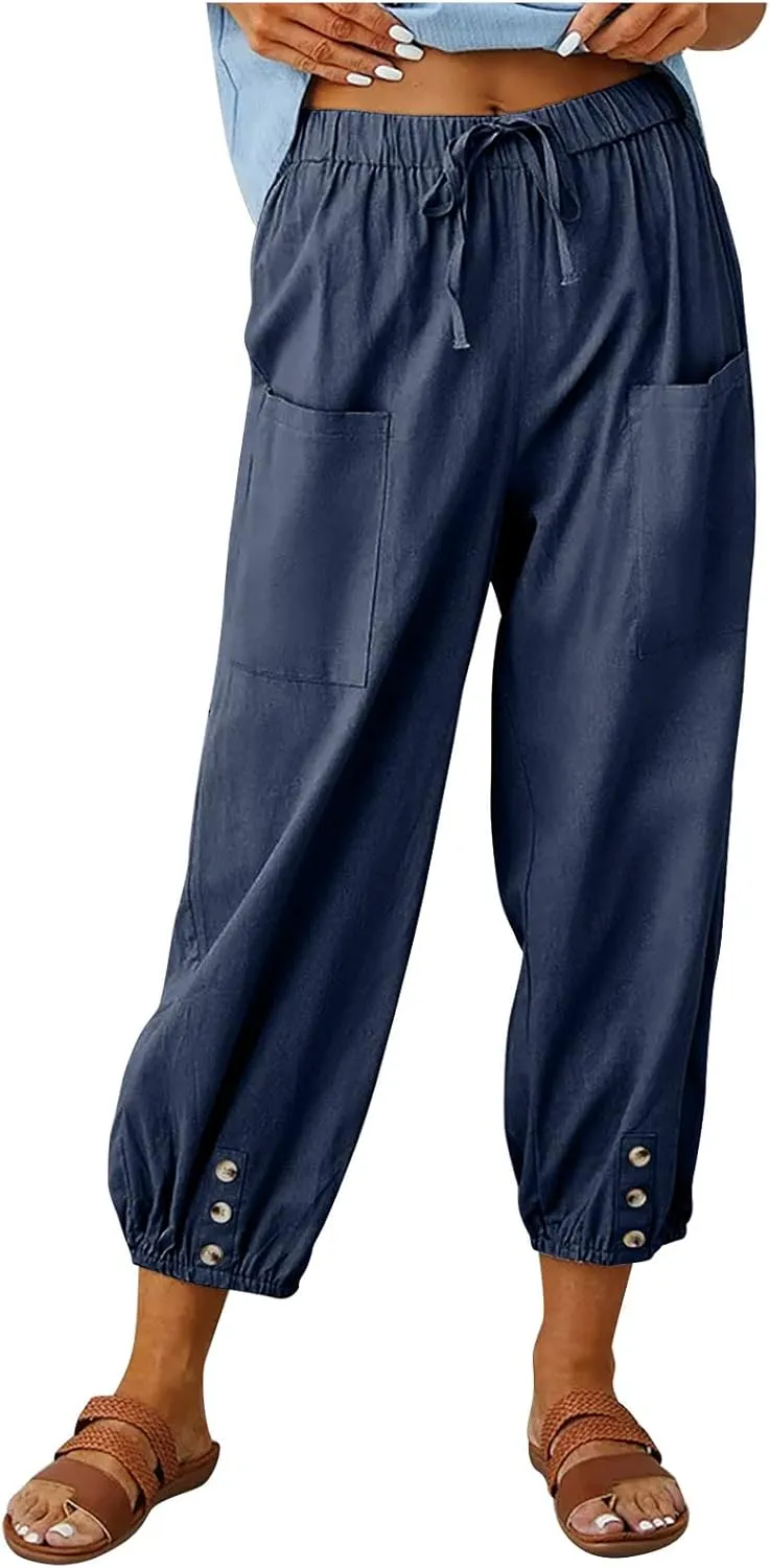 Womens Wide Leg Pants Casual Drawstring Capri Pants High Waist Cotton Linen Pants Lantern Tapered Harem Pants Slacks