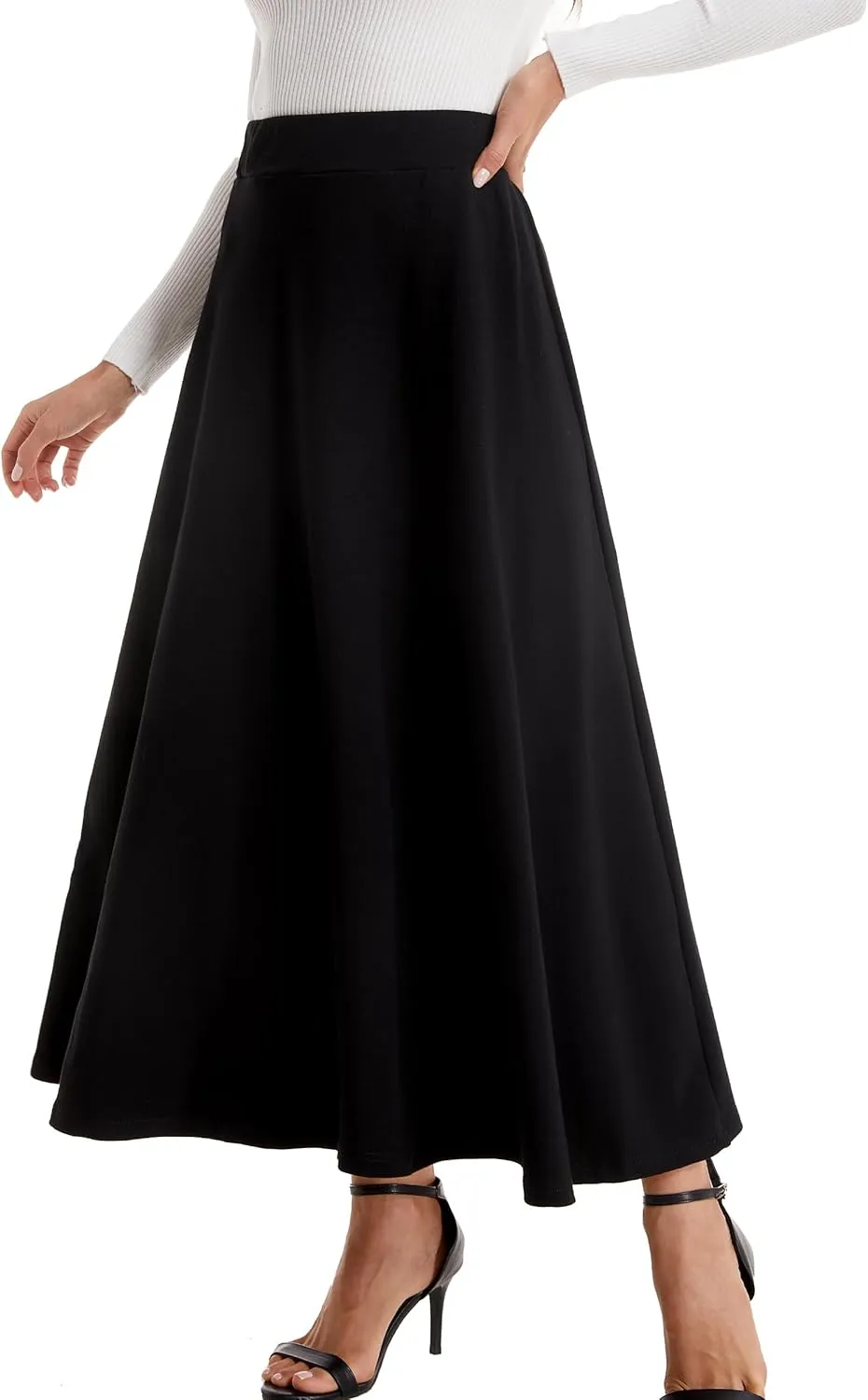 Womens Winter Mid Carf Long Skirt Stretch Slim fit Pleated Casual Cotton Skirt