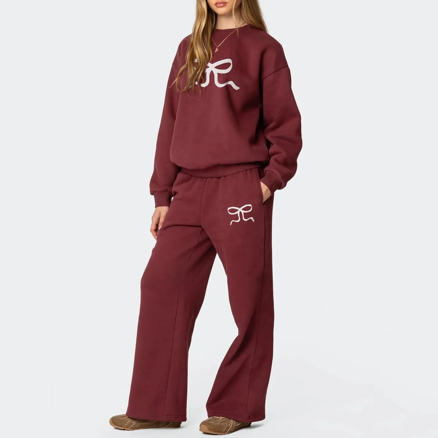 XBTCLXEBCO Bow Print Sweat Set for Women Oversized Sweatshirt and Sweatpants 2 Piece Lounge Set Fall Matching Tracksuit