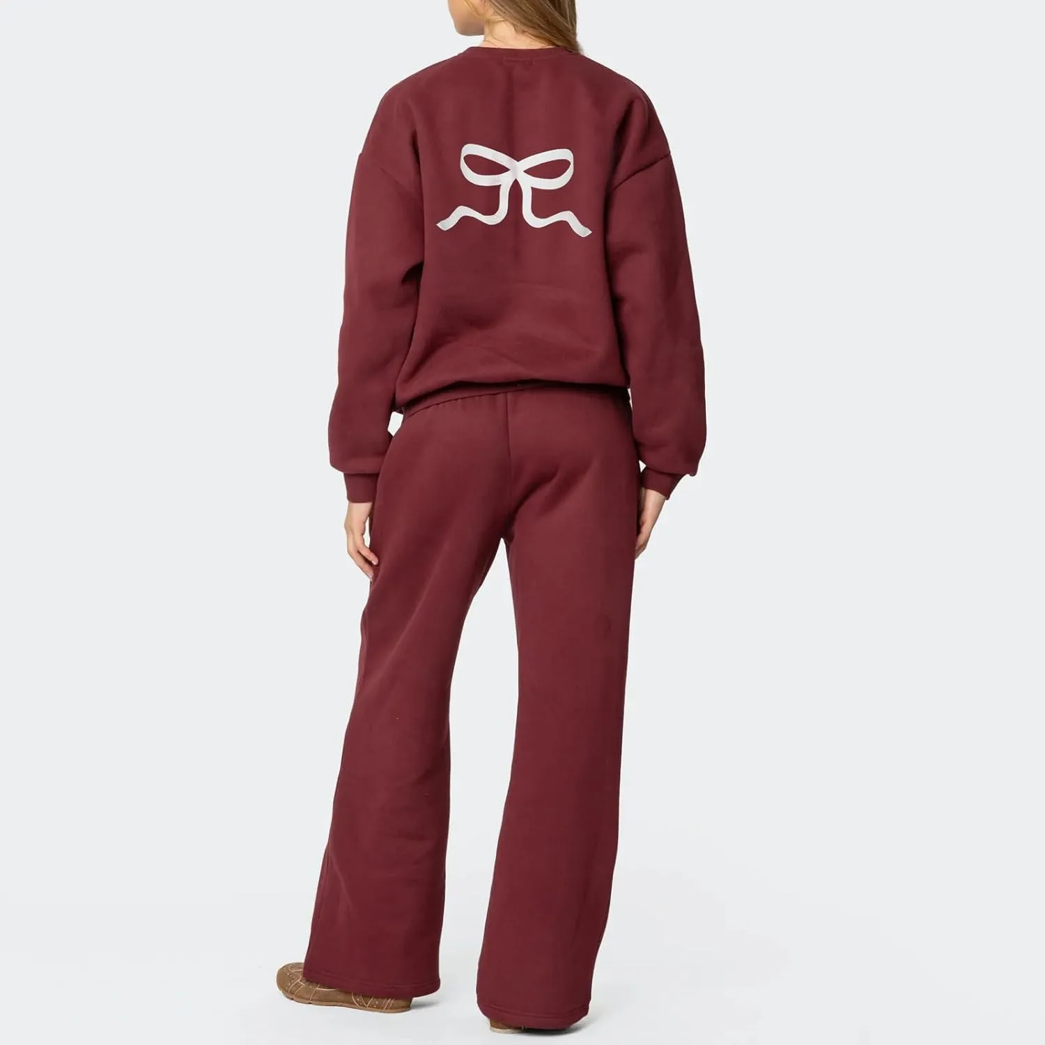 XBTCLXEBCO Bow Print Sweat Set for Women Oversized Sweatshirt and Sweatpants 2 Piece Lounge Set Fall Matching Tracksuit
