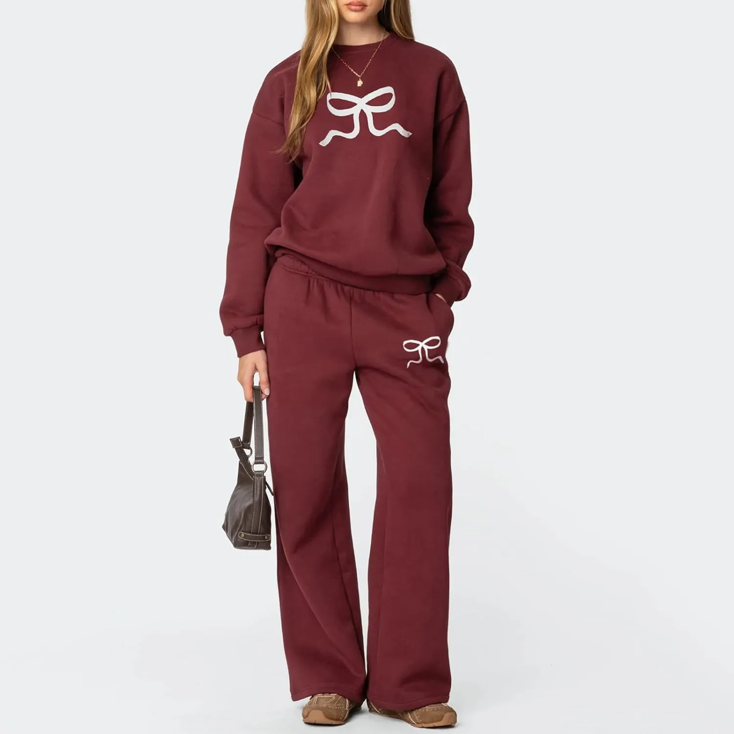 XBTCLXEBCO Bow Print Sweat Set for Women Oversized Sweatshirt and Sweatpants 2 Piece Lounge Set Fall Matching Tracksuit
