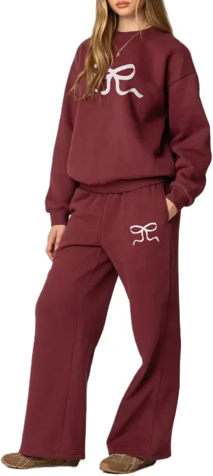 XBTCLXEBCO Bow Print Sweat Set for Women Oversized Sweatshirt and Sweatpants 2 Piece Lounge Set Fall Matching Tracksuit