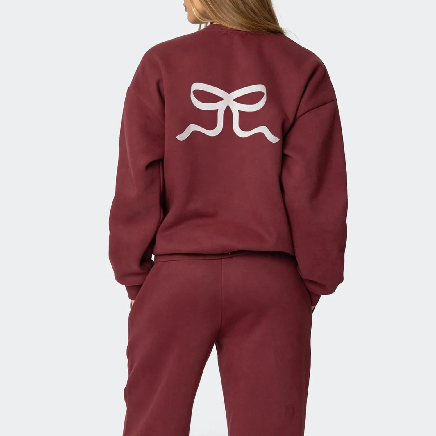 XBTCLXEBCO Bow Print Sweat Set for Women Oversized Sweatshirt and Sweatpants 2 Piece Lounge Set Fall Matching Tracksuit