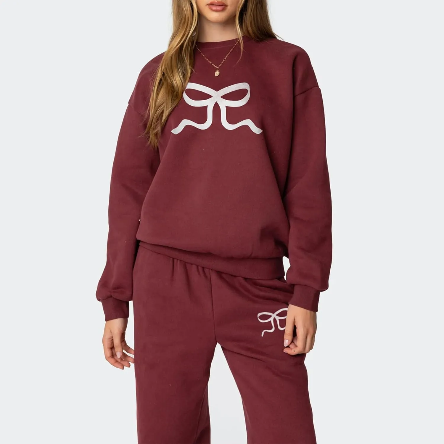 XBTCLXEBCO Bow Print Sweat Set for Women Oversized Sweatshirt and Sweatpants 2 Piece Lounge Set Fall Matching Tracksuit