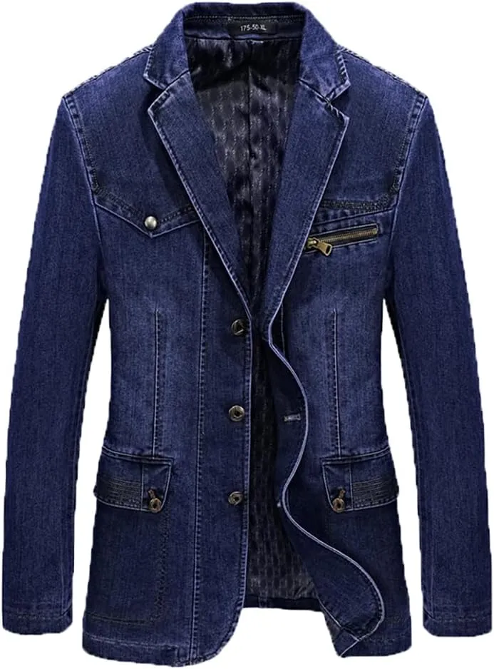 XYGJZ Men's Notch Lapel Vintage Denim Blazer Suit Jacket Slim Fit Sport Coat