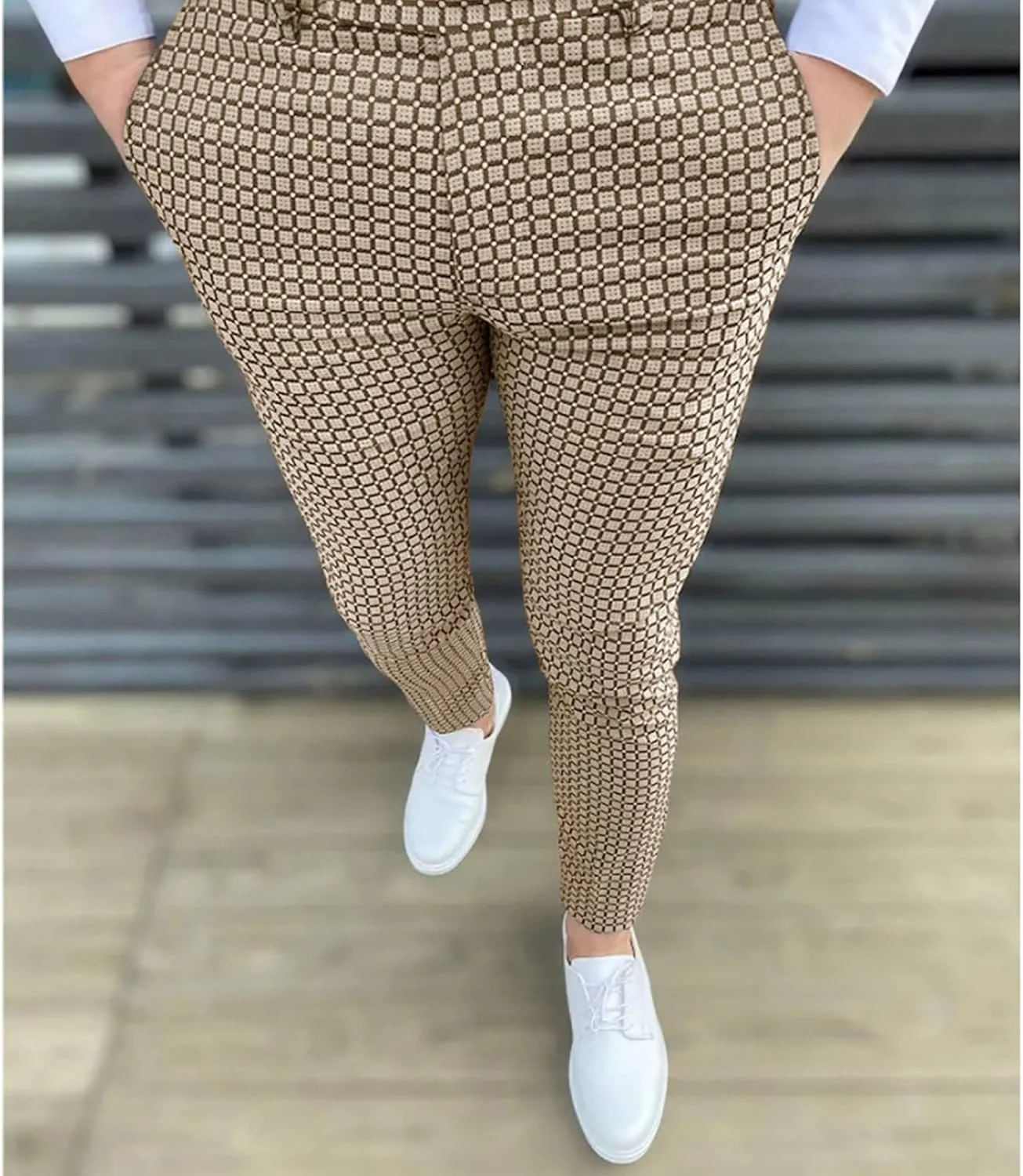 Ymosrh Khaki Jeans for Men Men's Fashion Stretch Dress Pants Slim Fit Plaid Pants Business Suit Casual Golf Jeans