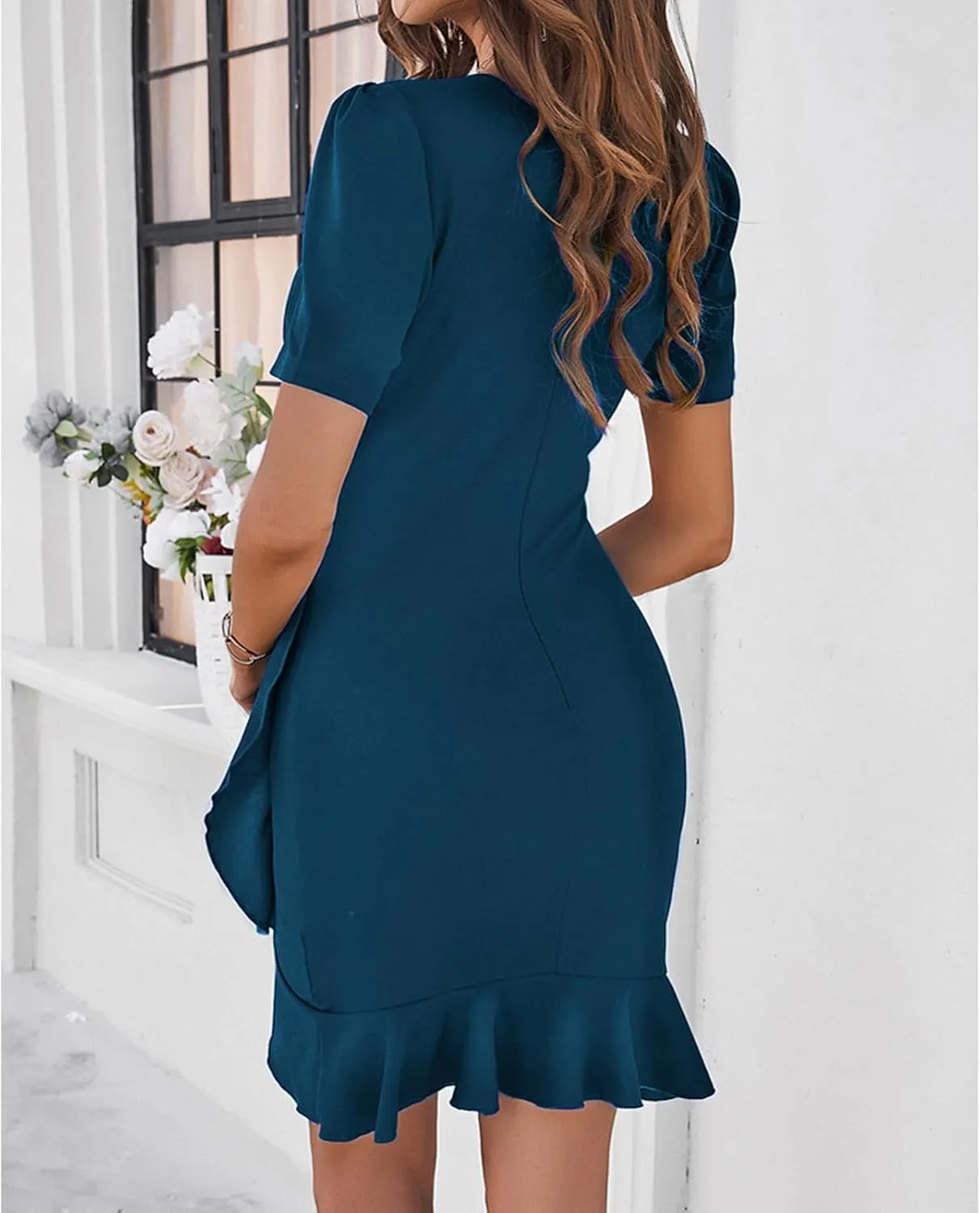 YNIQUE 2024 Women's Summer Dress Short Sleeves Bodycon Mini Dress Ruched Puff Sleeve Ruffle Hem Cocktail Party Dress