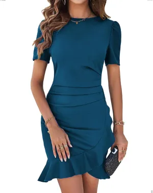 YNIQUE 2024 Women's Summer Dress Short Sleeves Bodycon Mini Dress Ruched Puff Sleeve Ruffle Hem Cocktail Party Dress