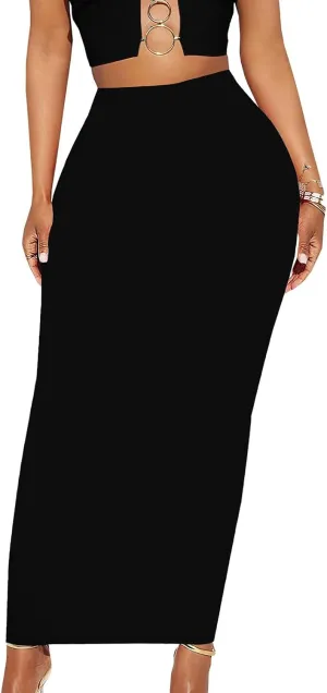 Yuopeid Women's Summer Bodycon High Waist Slim Fit Solid Color Casual Cocktail Club Party Pencil Long Maxi Skirts