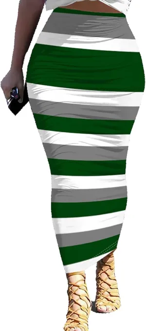 Yuopeid Women's Summer Bodycon Pullover Long Skirts Fashion Striped Printed Slim Fit Cocktail Club Party Midi Skirts