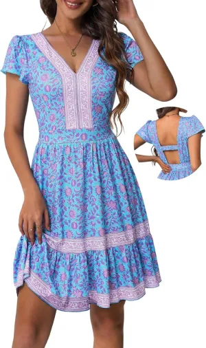 ZABERRY Womens Summer Back Hollow Out V Neck Sundress Boho Floral Ruffle Tiered A Line Vacation Dresses