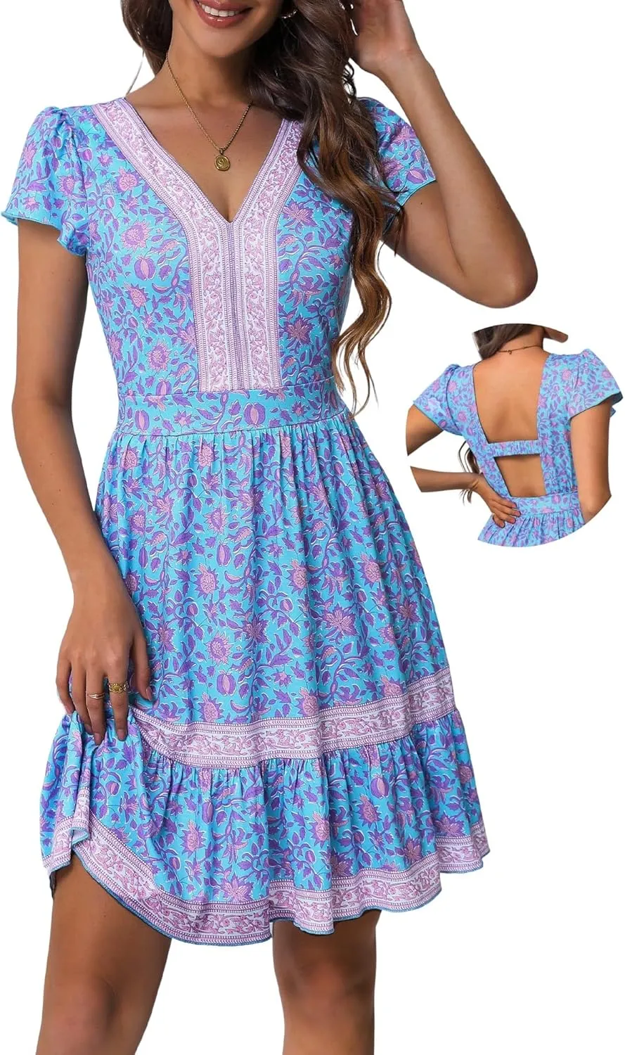 ZABERRY Womens Summer Back Hollow Out V Neck Sundress Boho Floral Ruffle Tiered A Line Vacation Dresses