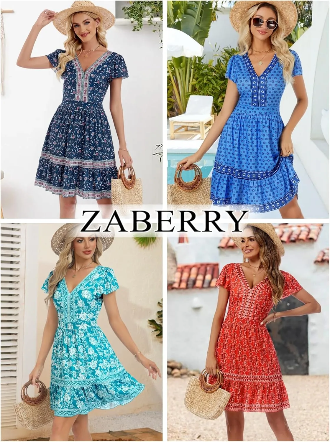 ZABERRY Womens Summer Back Hollow Out V Neck Sundress Boho Floral Ruffle Tiered A Line Vacation Dresses