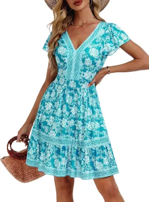 ZABERRY Womens Summer Back Hollow Out V Neck Sundress Boho Floral Ruffle Tiered A Line Vacation Dresses