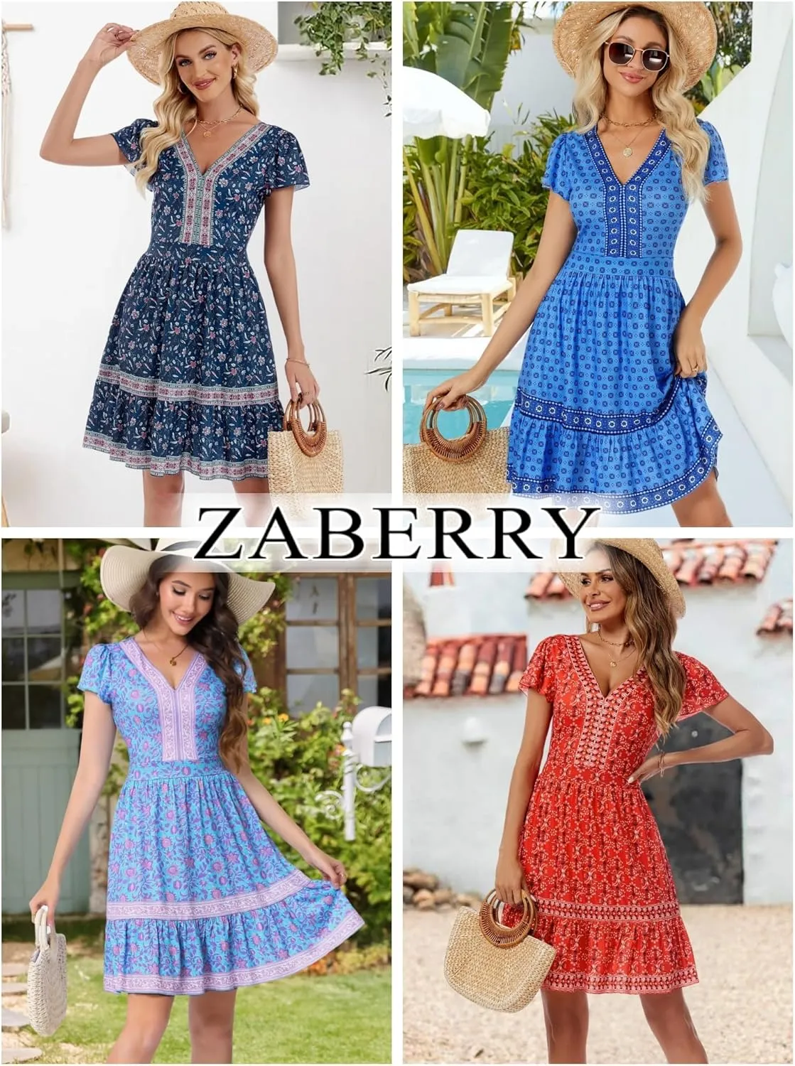 ZABERRY Womens Summer Back Hollow Out V Neck Sundress Boho Floral Ruffle Tiered A Line Vacation Dresses