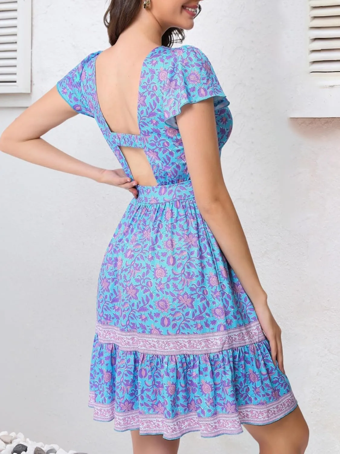 ZABERRY Womens Summer Back Hollow Out V Neck Sundress Boho Floral Ruffle Tiered A Line Vacation Dresses