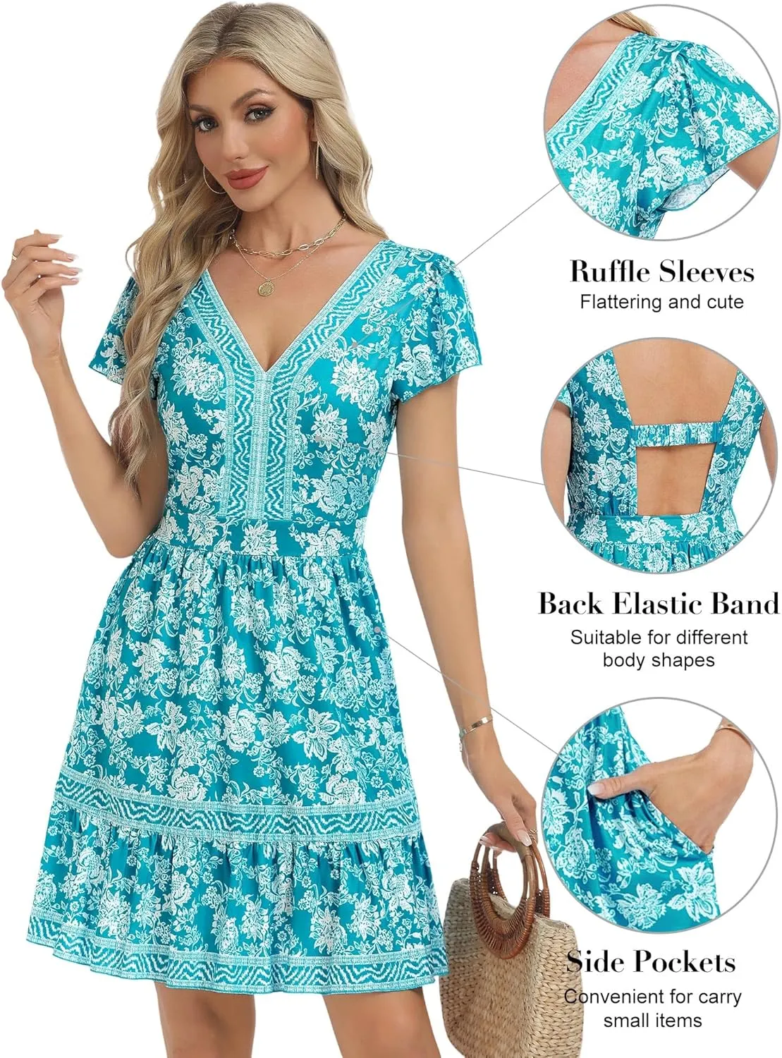 ZABERRY Womens Summer Back Hollow Out V Neck Sundress Boho Floral Ruffle Tiered A Line Vacation Dresses
