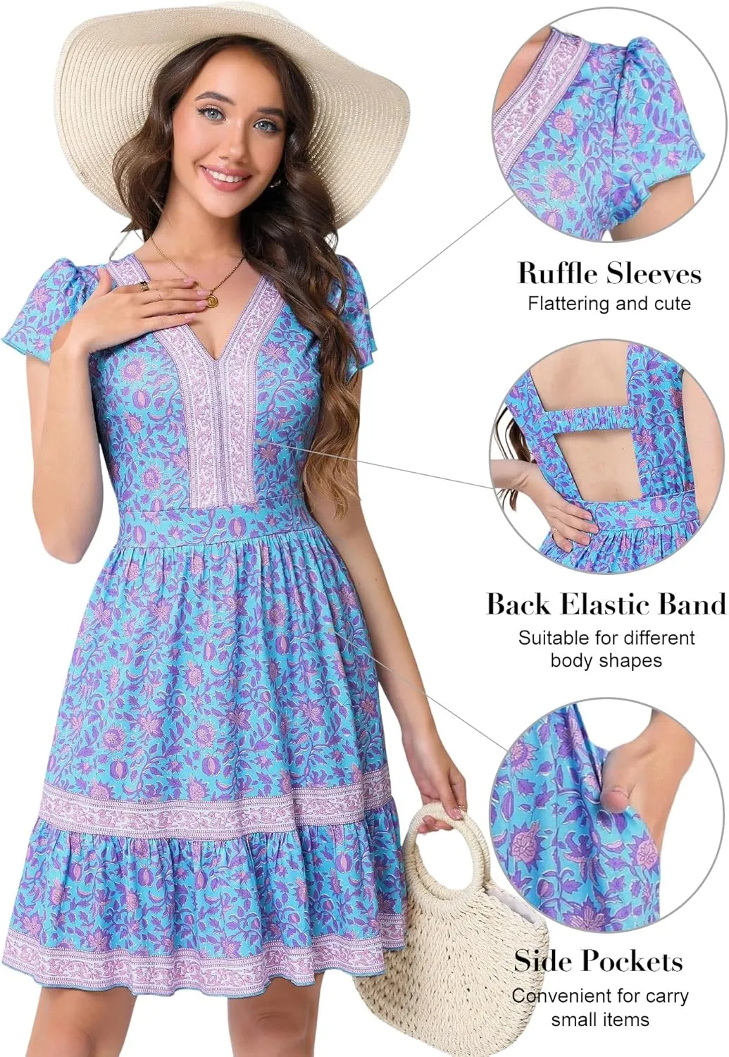 ZABERRY Womens Summer Back Hollow Out V Neck Sundress Boho Floral Ruffle Tiered A Line Vacation Dresses