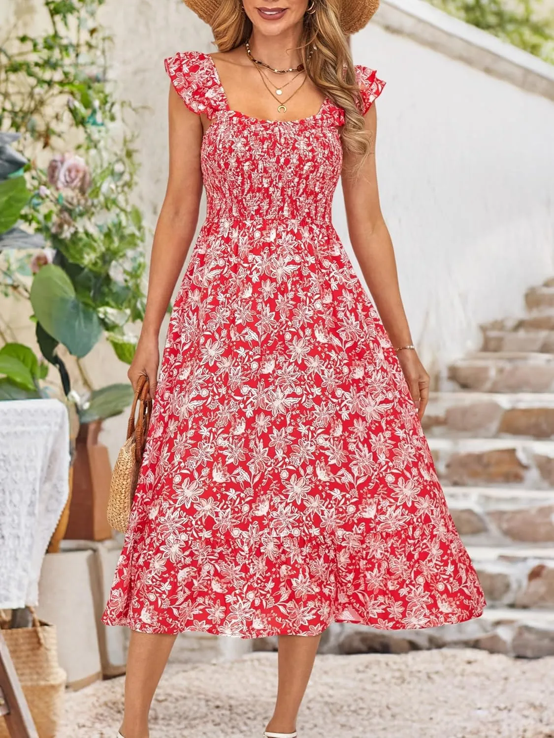 ZABERRY Womens Summer Smocked Dress 2025 Sweetheart Neckline Sundresses Ruffle Sleeve Elegant Floral Midi Dress