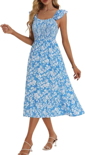 ZABERRY Womens Summer Smocked Dress 2025 Sweetheart Neckline Sundresses Ruffle Sleeve Elegant Floral Midi Dress