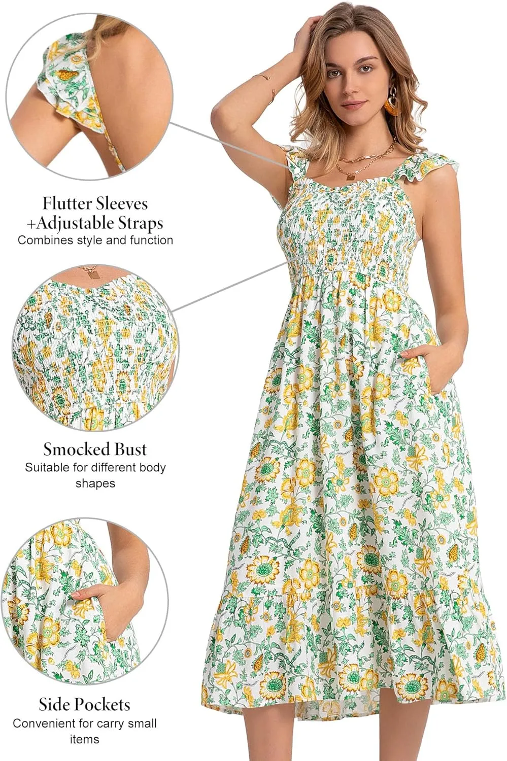 ZABERRY Womens Summer Smocked Dress 2025 Sweetheart Neckline Sundresses Ruffle Sleeve Elegant Floral Midi Dress