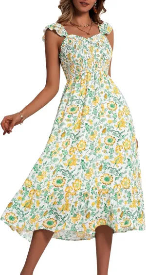 ZABERRY Womens Summer Smocked Dress 2025 Sweetheart Neckline Sundresses Ruffle Sleeve Elegant Floral Midi Dress