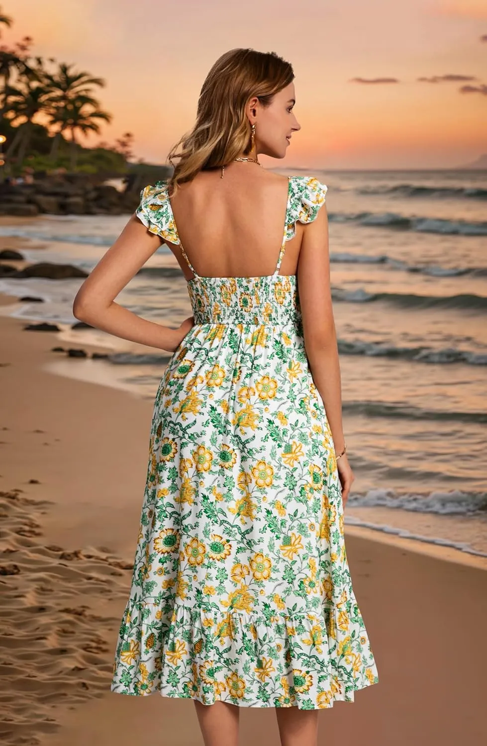 ZABERRY Womens Summer Smocked Dress 2025 Sweetheart Neckline Sundresses Ruffle Sleeve Elegant Floral Midi Dress