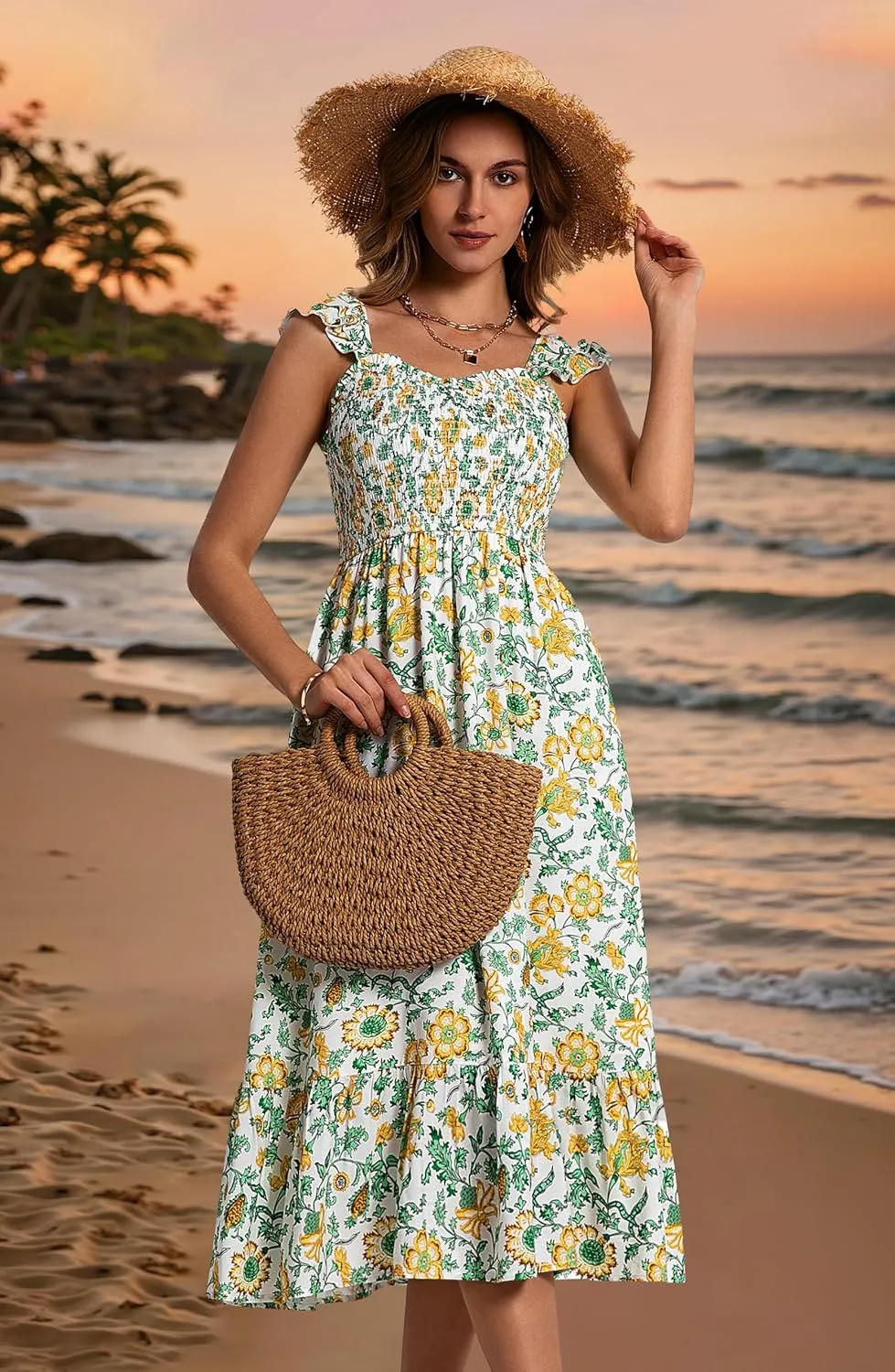 ZABERRY Womens Summer Smocked Dress 2025 Sweetheart Neckline Sundresses Ruffle Sleeve Elegant Floral Midi Dress
