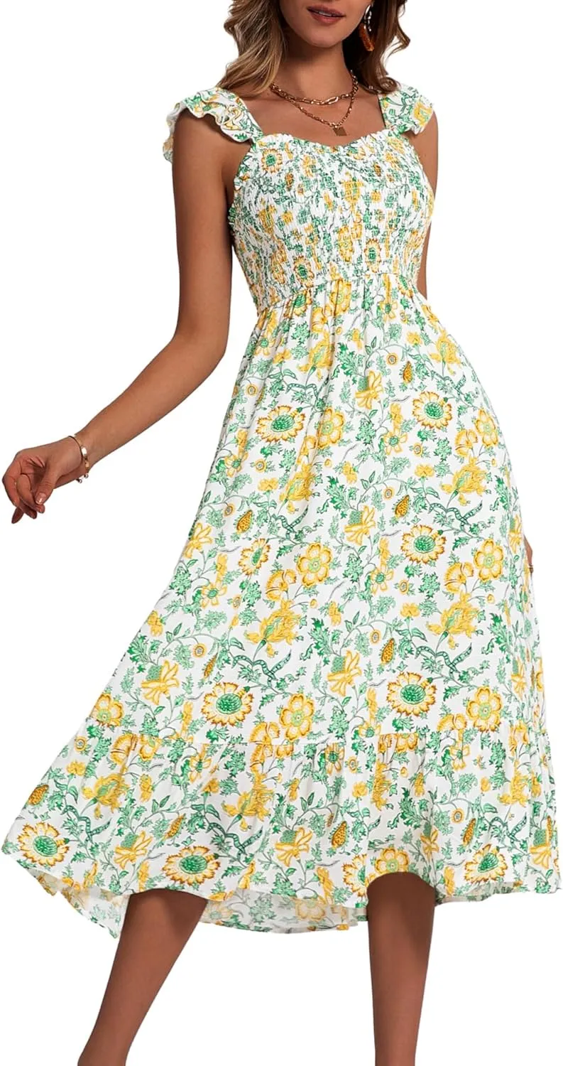 ZABERRY Womens Summer Smocked Dress 2025 Sweetheart Neckline Sundresses Ruffle Sleeve Elegant Floral Midi Dress