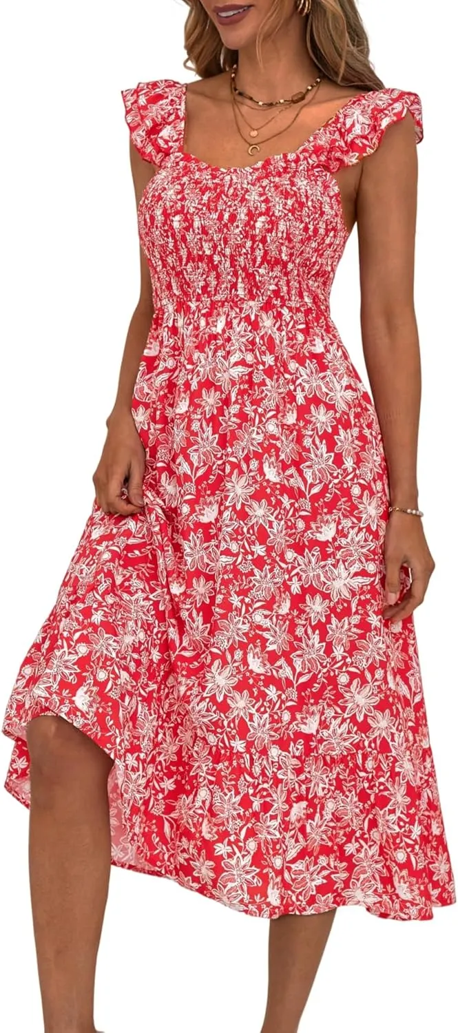 ZABERRY Womens Summer Smocked Dress 2025 Sweetheart Neckline Sundresses Ruffle Sleeve Elegant Floral Midi Dress