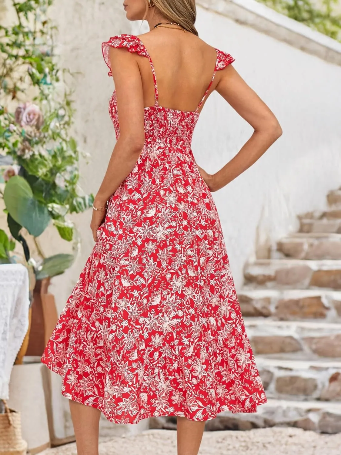 ZABERRY Womens Summer Smocked Dress 2025 Sweetheart Neckline Sundresses Ruffle Sleeve Elegant Floral Midi Dress