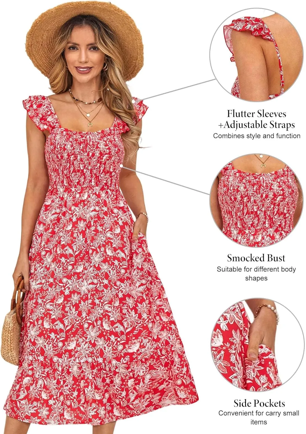 ZABERRY Womens Summer Smocked Dress 2025 Sweetheart Neckline Sundresses Ruffle Sleeve Elegant Floral Midi Dress