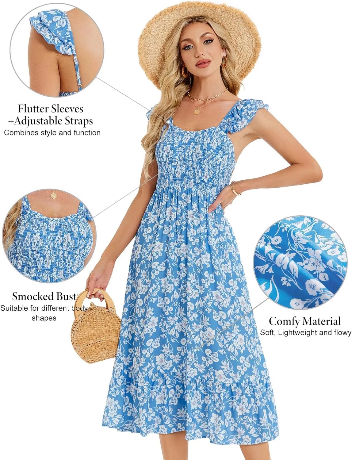 ZABERRY Womens Summer Smocked Dress 2025 Sweetheart Neckline Sundresses Ruffle Sleeve Elegant Floral Midi Dress