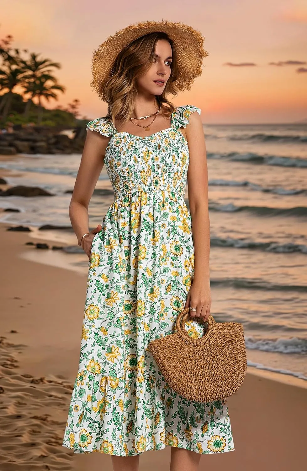 ZABERRY Womens Summer Smocked Dress 2025 Sweetheart Neckline Sundresses Ruffle Sleeve Elegant Floral Midi Dress