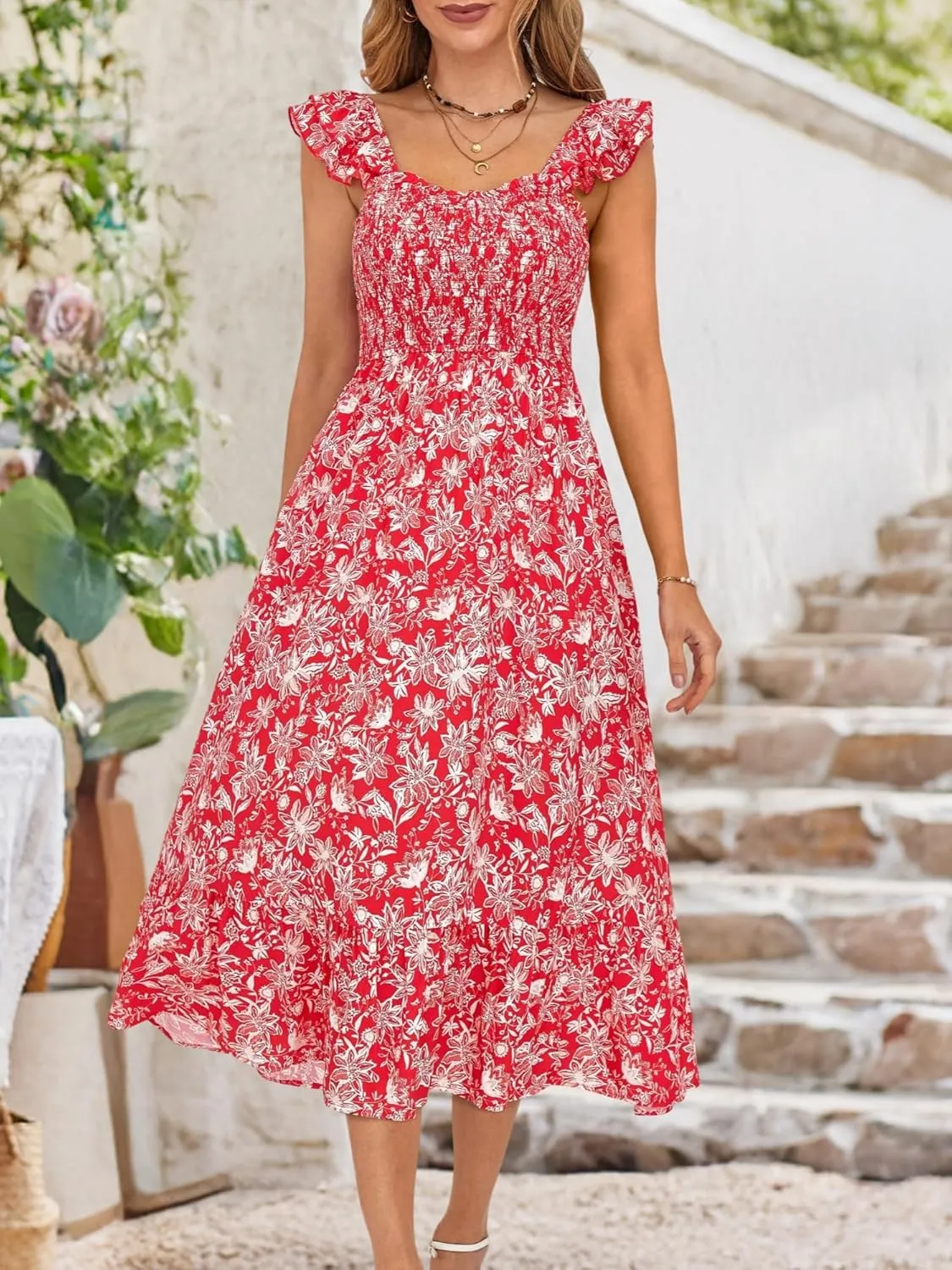 ZABERRY Womens Summer Smocked Dress 2025 Sweetheart Neckline Sundresses Ruffle Sleeve Elegant Floral Midi Dress