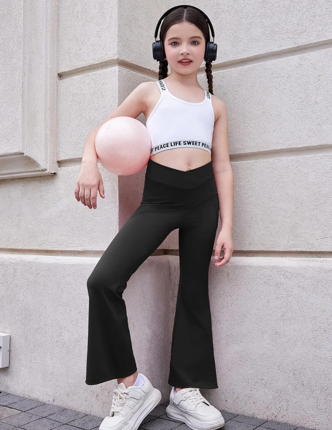 Zaclotre Girls' Flare Leggings with Split Hem Cross High Waist Yoga Bootcut Athletic Kid Bell Bottom Pants with Pockets