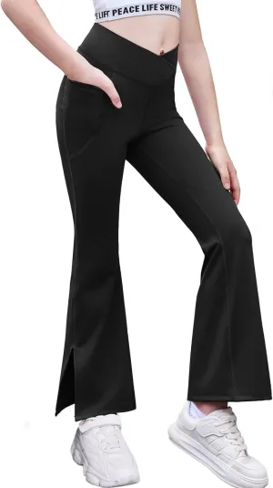 Zaclotre Girls' Flare Leggings with Split Hem Cross High Waist Yoga Bootcut Athletic Kid Bell Bottom Pants with Pockets