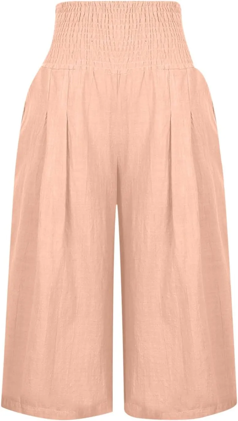 ZDRZK Linen Wide Leg Pants for Women 2023 Summer High Waist Smocked Capri Pants Casual Wide Leg Beach Pant Trousers
