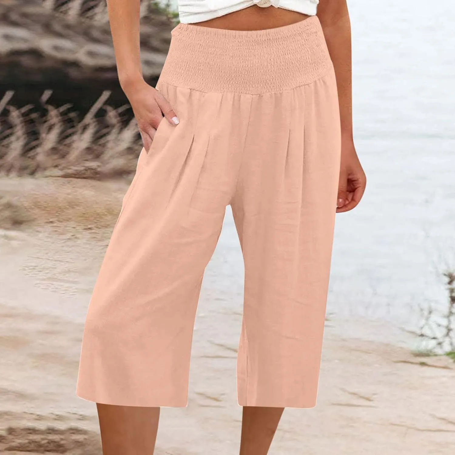 ZDRZK Linen Wide Leg Pants for Women 2023 Summer High Waist Smocked Capri Pants Casual Wide Leg Beach Pant Trousers