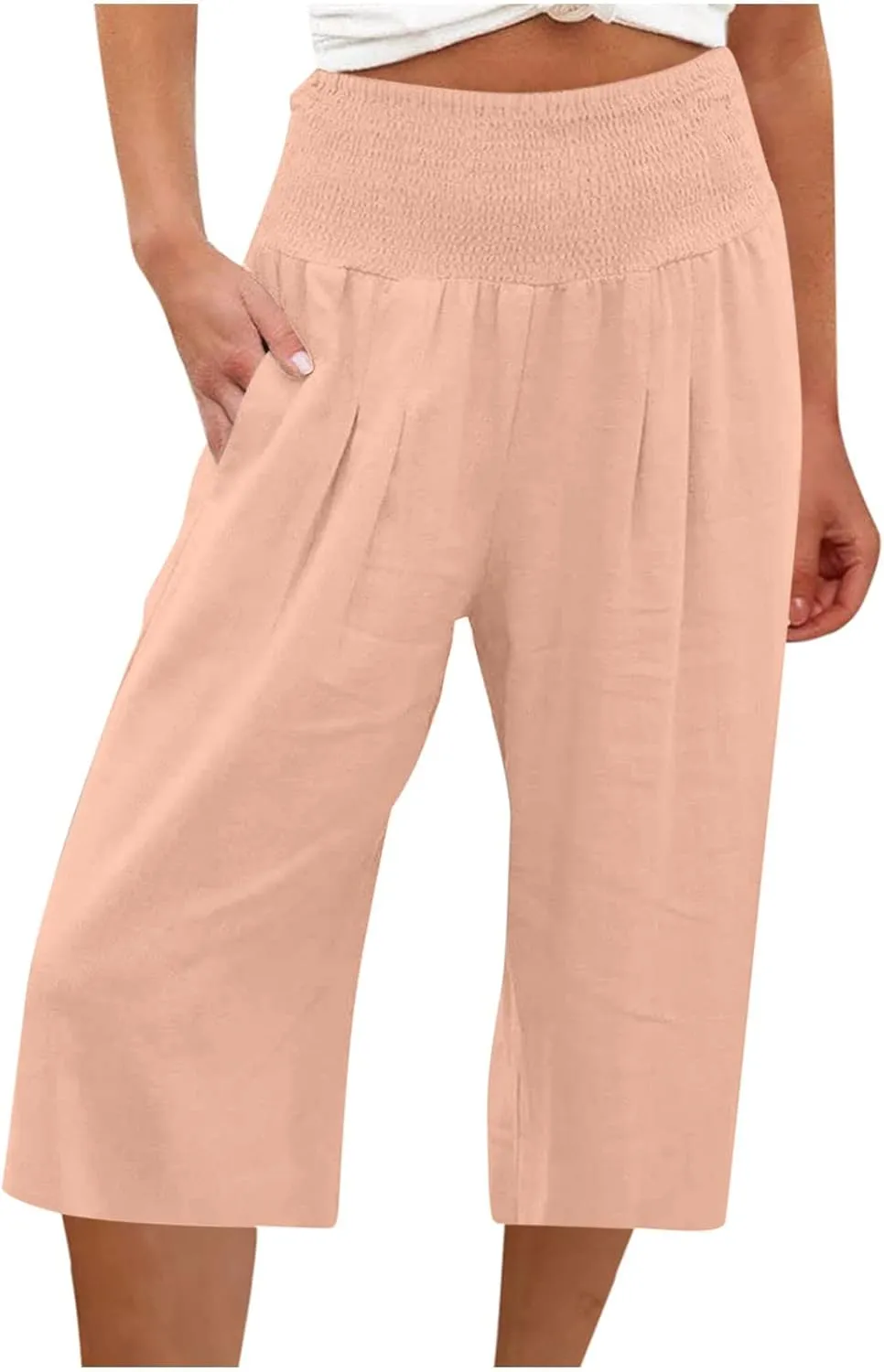 ZDRZK Linen Wide Leg Pants for Women 2023 Summer High Waist Smocked Capri Pants Casual Wide Leg Beach Pant Trousers