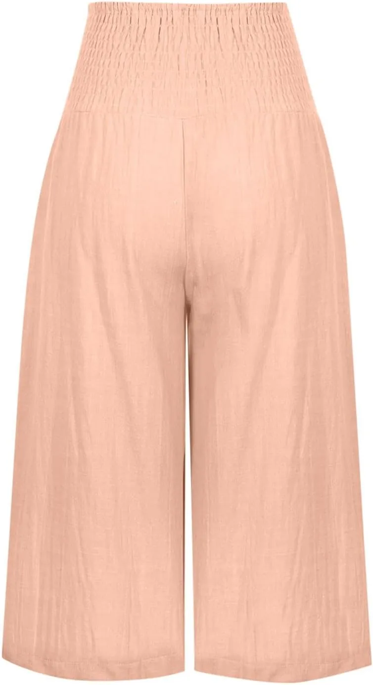 ZDRZK Linen Wide Leg Pants for Women 2023 Summer High Waist Smocked Capri Pants Casual Wide Leg Beach Pant Trousers