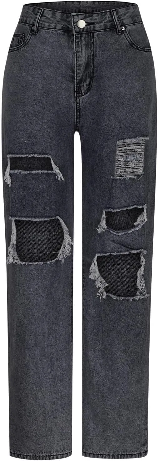 ZDRZK Women's High Waist Straight Leg Ripped Jeans Cut Out Distressed Denim Pants Casual Loose Summer Long Trousers