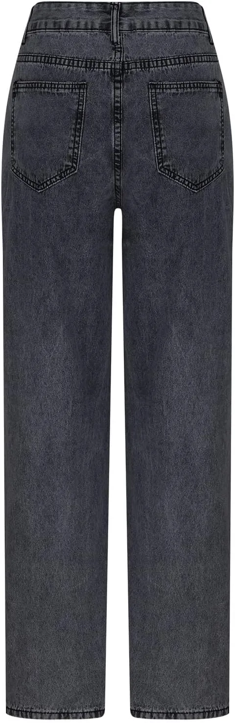 ZDRZK Women's High Waist Straight Leg Ripped Jeans Cut Out Distressed Denim Pants Casual Loose Summer Long Trousers